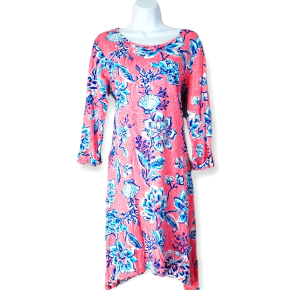 NWOT Caribbean Joe pink & blue floral long sleeve shift dress Womens Medium - Picture 1 of 5